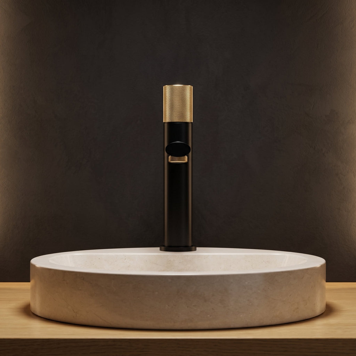 Robinet lavabo Runa noir mat et or brossé 216 mm monté sur vasque, vue de face
