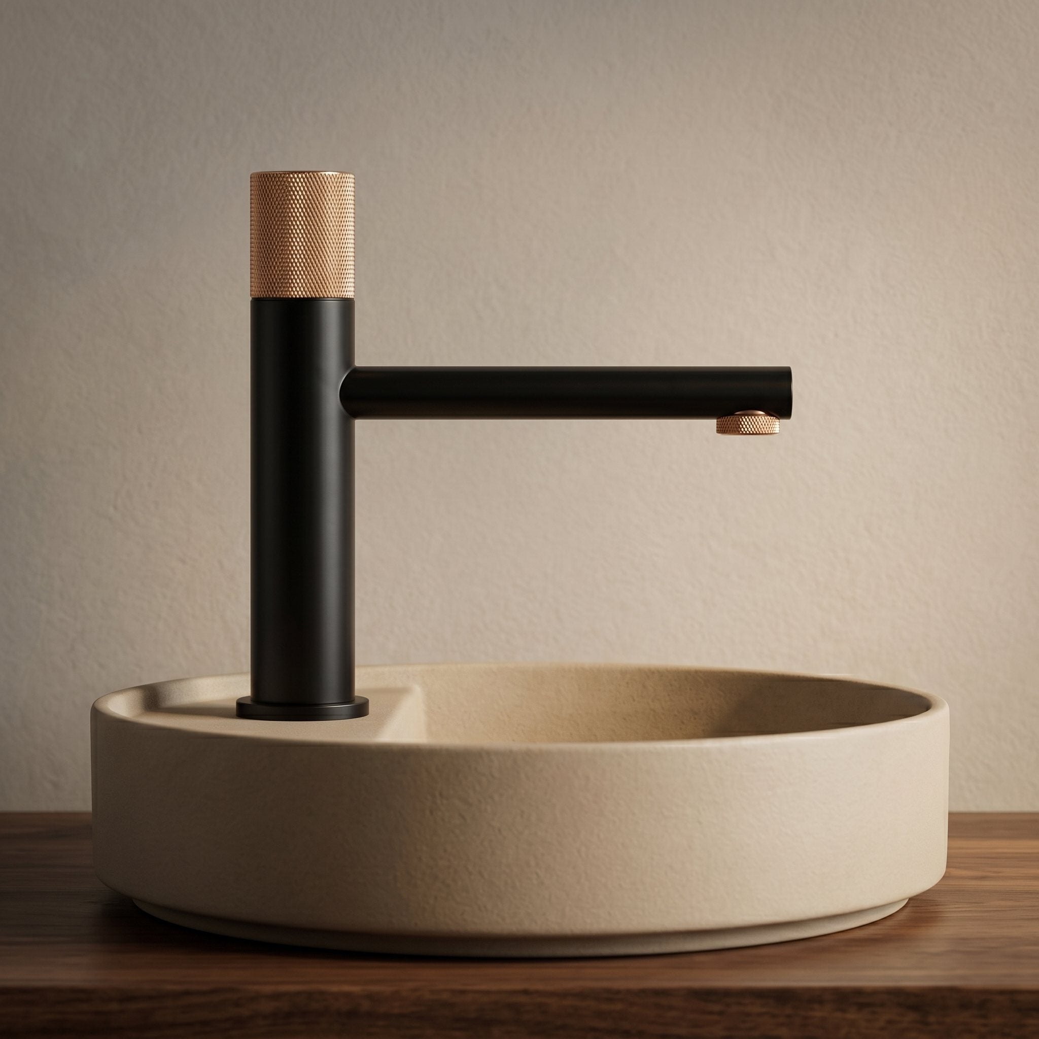 Robinet lavabo Runa noir mat et or rose 216 mm monté sur vasque, vue de profil