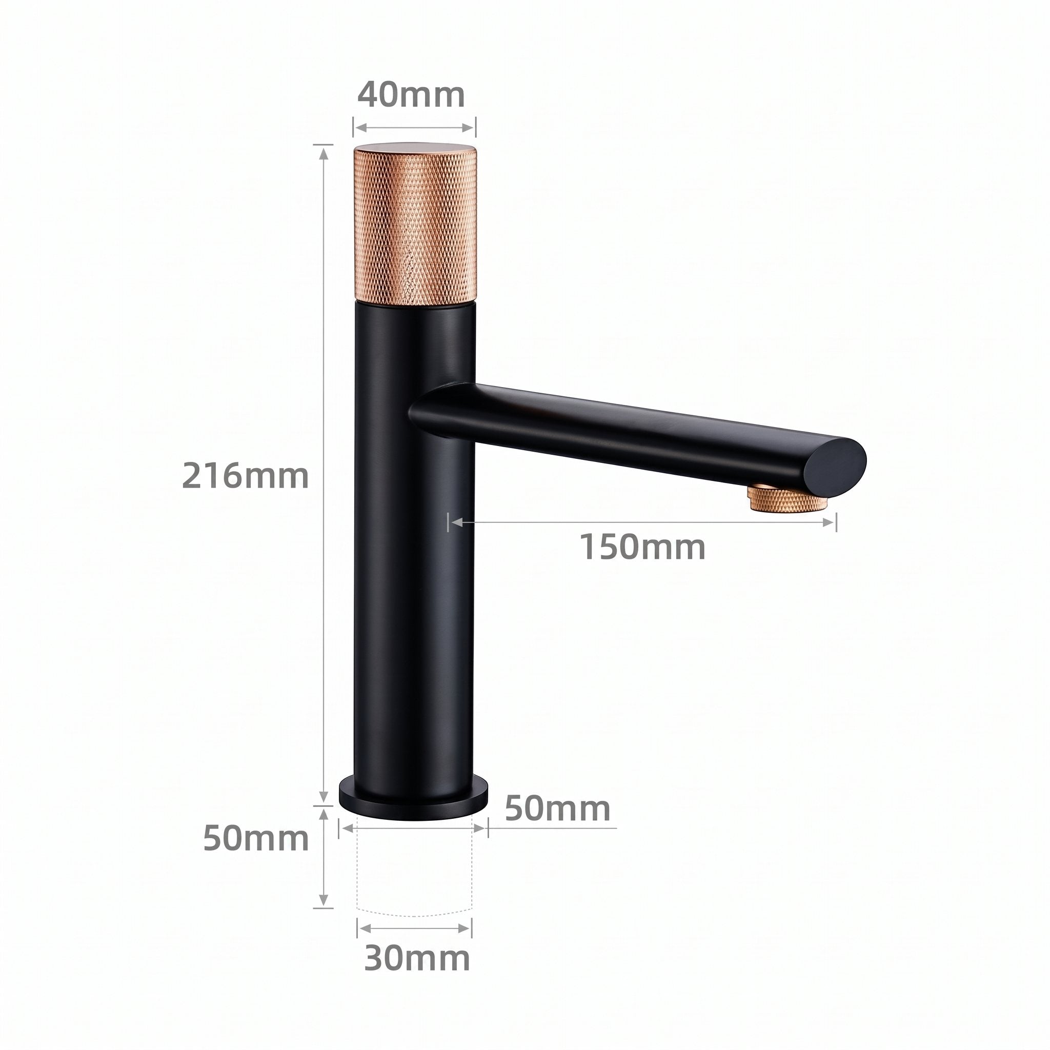 Schéma coté du robinet lavabo Runa 216 mm : hauteur 216 mm, bec 150 mm