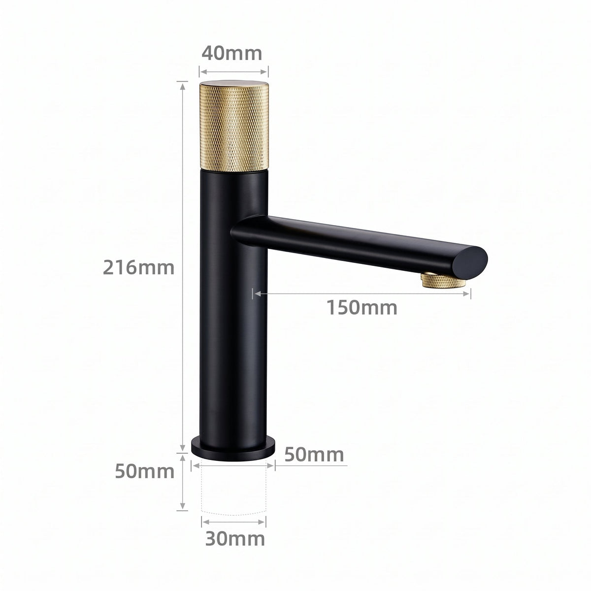 Schéma coté du robinet lavabo Runa 216 mm : hauteur 216 mm, bec 150 mm