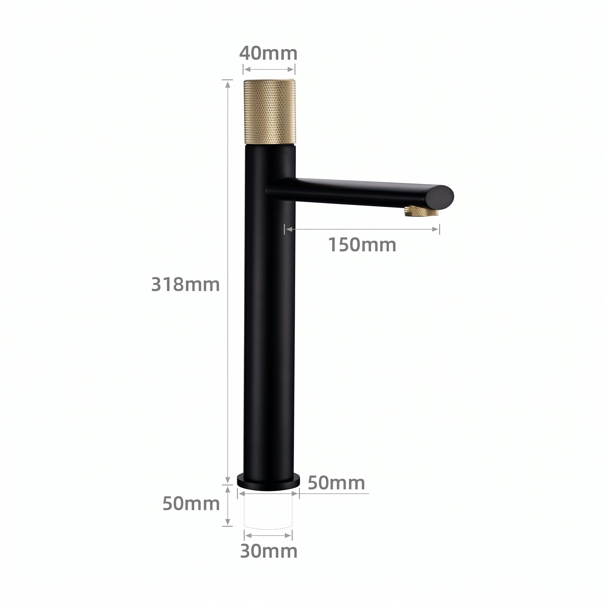 Schéma coté du robinet lavabo Runa 318 mm : hauteur 318 mm, bec 150 mm