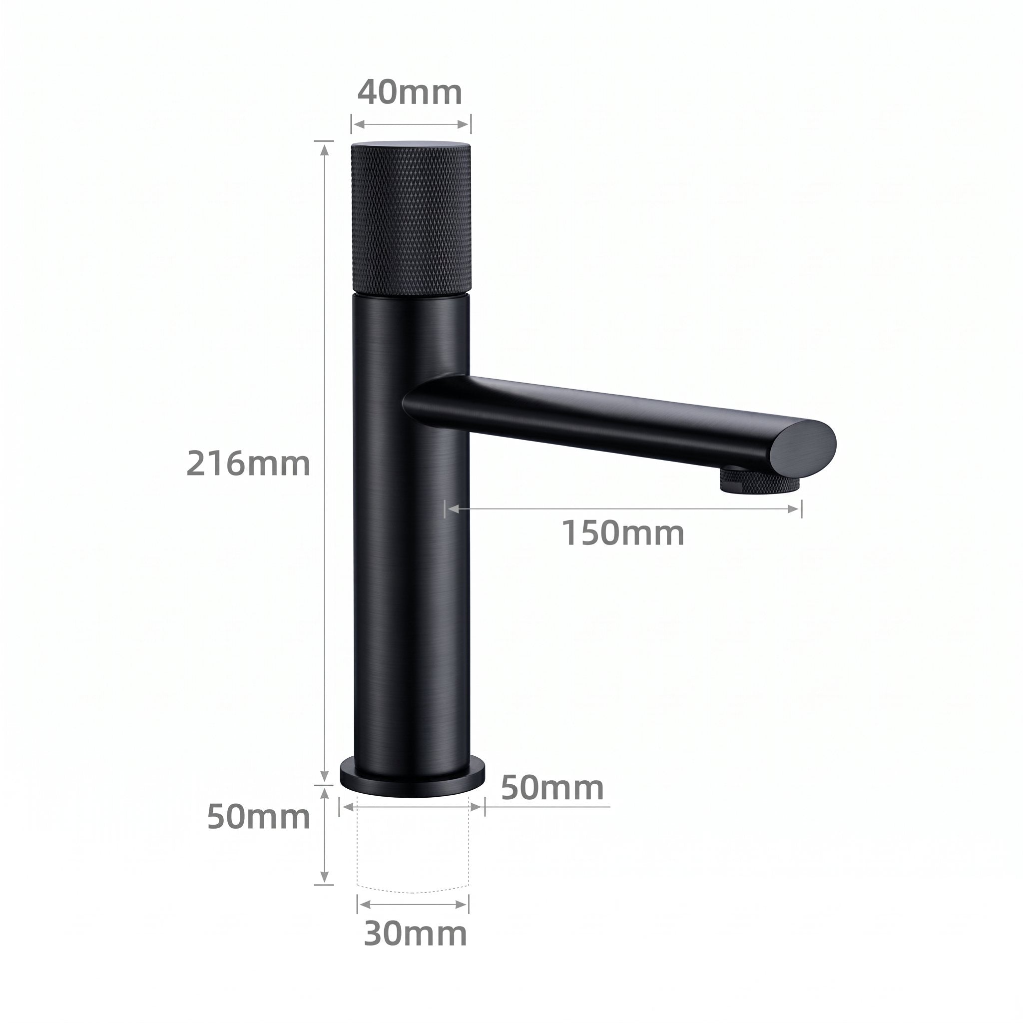 Schéma coté du robinet lavabo Runa 216 mm : hauteur 216 mm, bec 150 mm