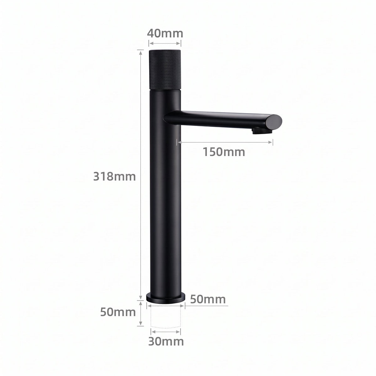 Schéma coté du robinet lavabo Runa 318 mm : hauteur 318 mm, bec 150 mm