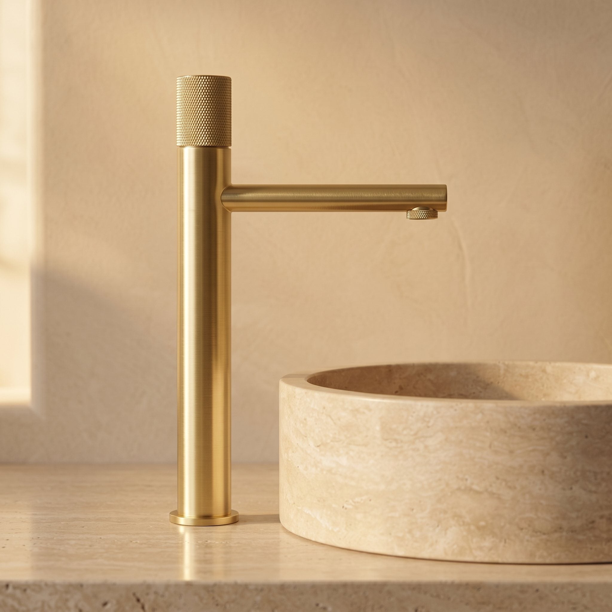 Robinet lavabo Runa or brossé 318 mm derrière une vasque à poser, vue de profil