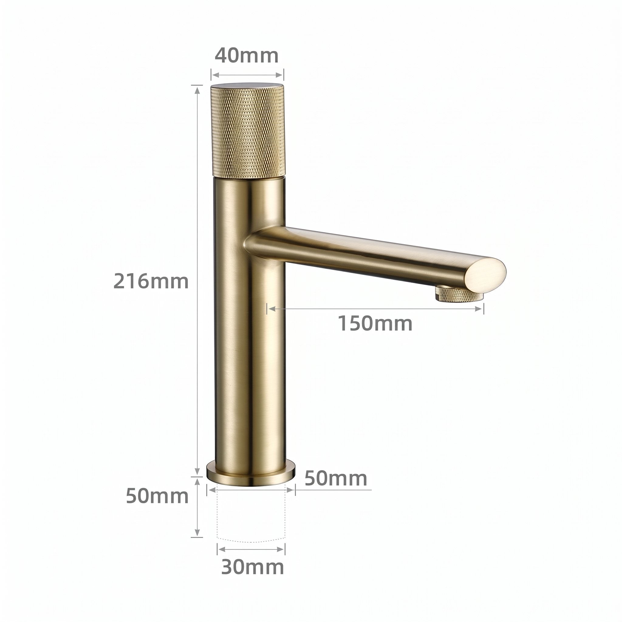 Schéma coté du robinet lavabo Runa 216 mm : hauteur 216 mm, bec 150 mm