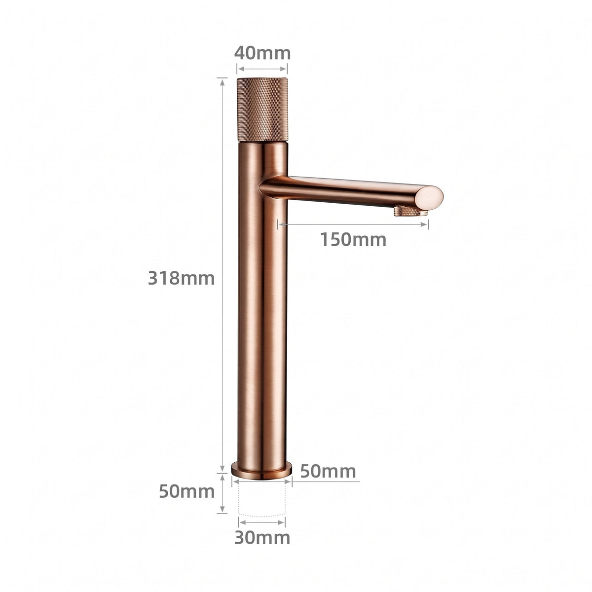 Schéma coté du robinet lavabo Runa 318 mm : hauteur 318 mm, bec 150 mm
