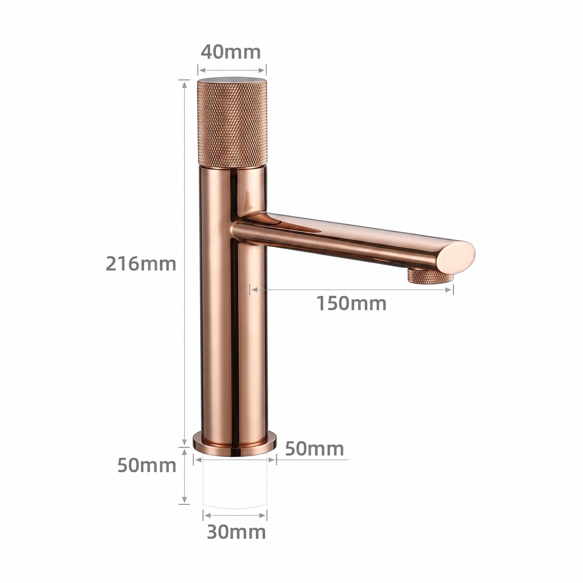 Schéma coté du robinet lavabo Runa 216 mm : hauteur 216 mm, bec 150 mm