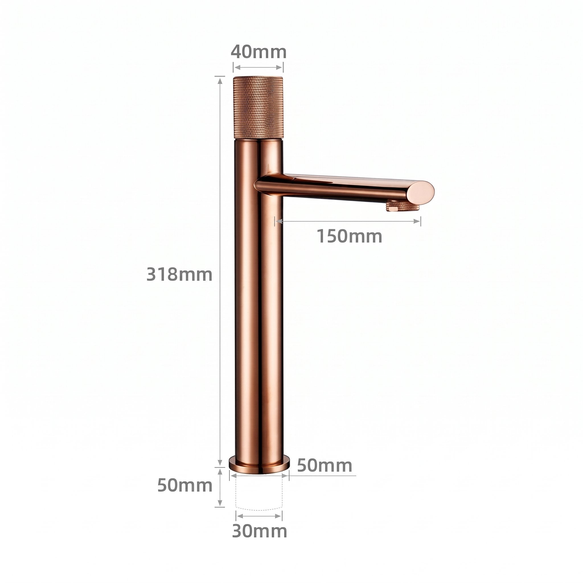 Schéma coté du robinet lavabo Runa 318 mm : hauteur 318 mm, bec 150 mm