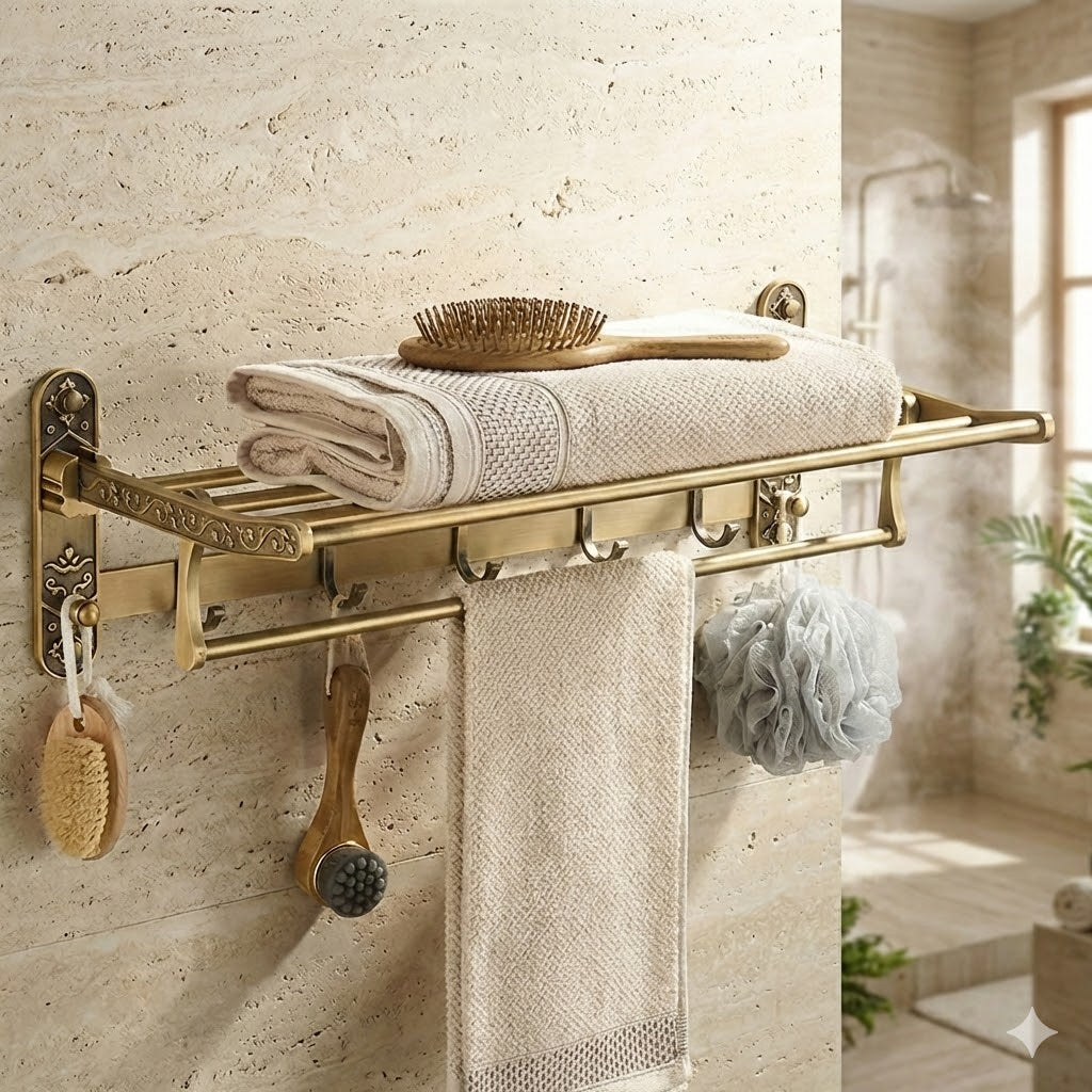 Porte-serviettes mural pliable style laiton ancien | Double étagère avec crochets