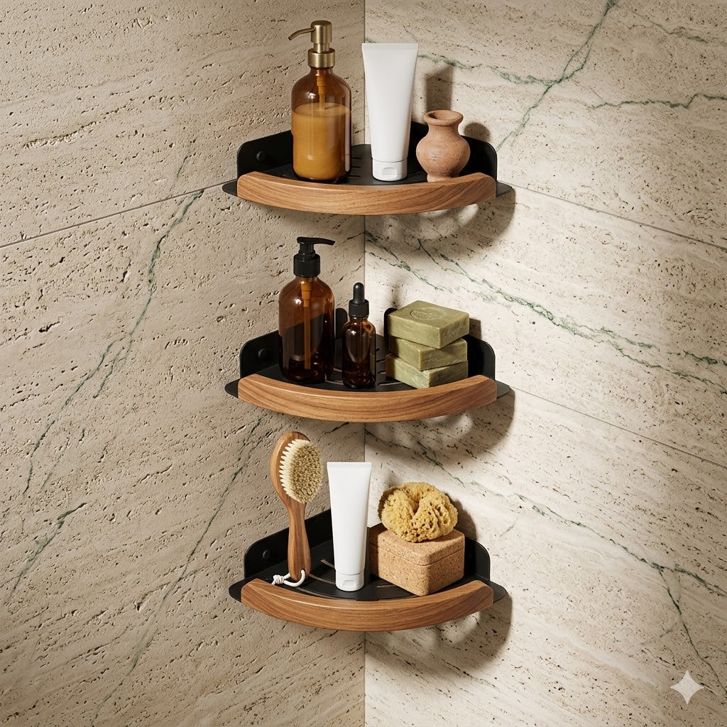 Étagère d'Angle Murale Salle de Bain Bois – 2 Modèles
