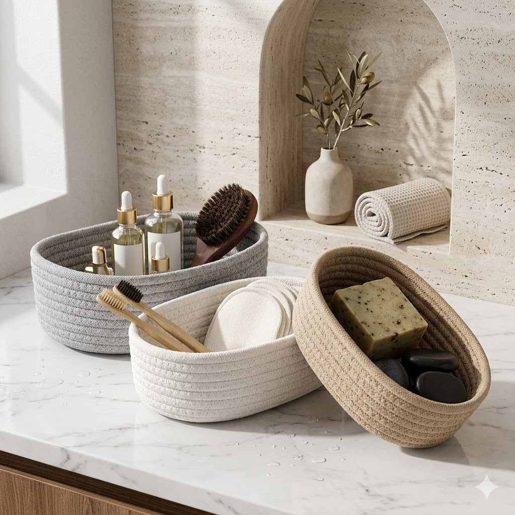 Panier de Rangement Salle de Bain Corde Coton – 3 Coloris 3 Tailles