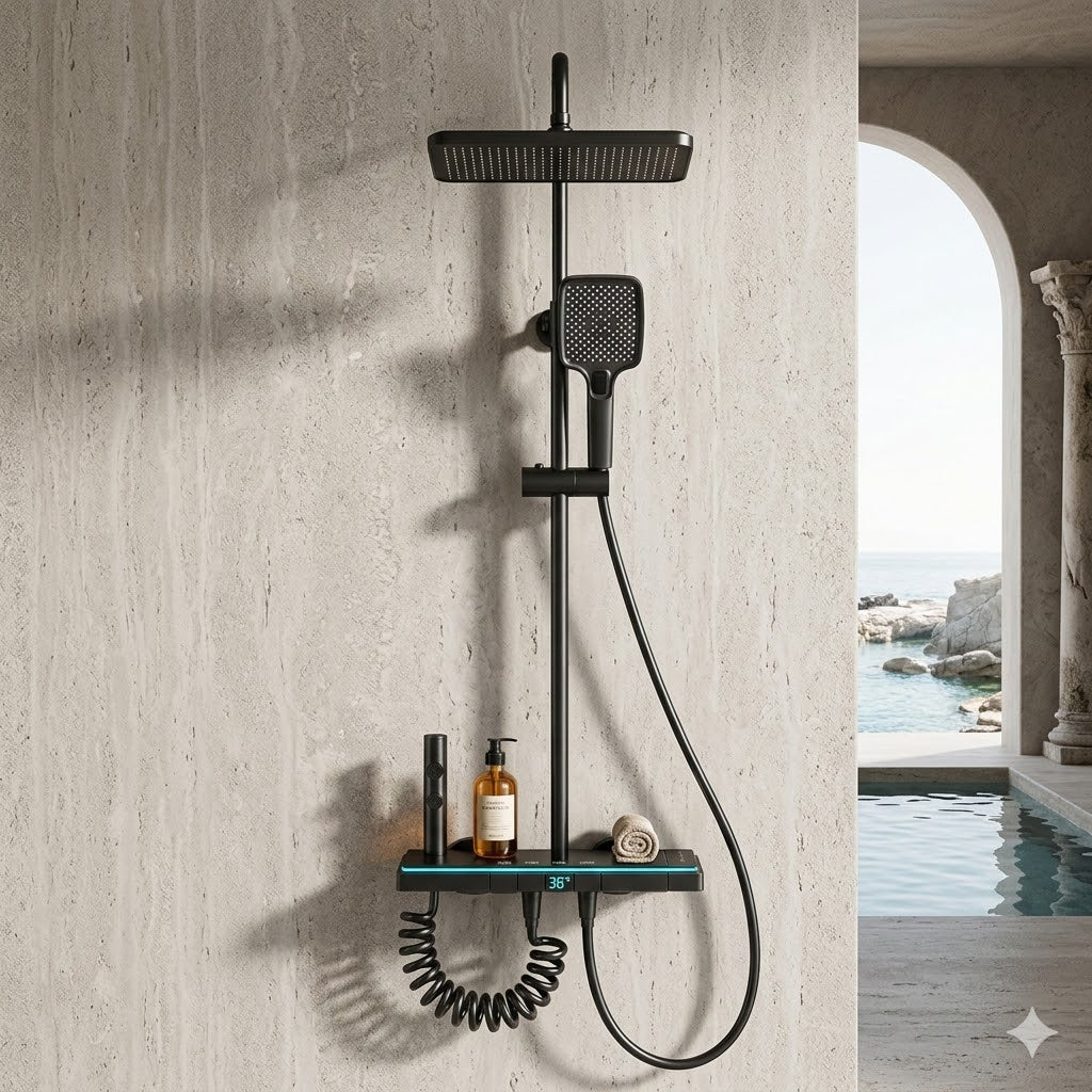 Colonne de Douche Thermostatique LED avec Panneau Verre