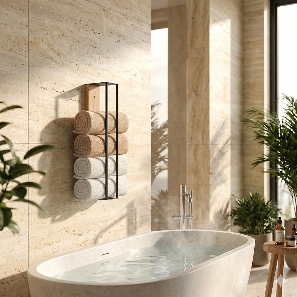 Porte-serviettes mural modulable en bois et métal | Rangement serviettes salle de bain