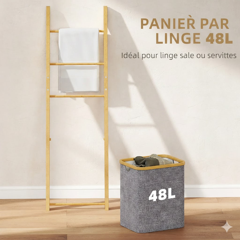 Porte-serviette échelle bambou avec panier linge 48L