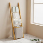 Porte-serviette échelle bambou avec panier linge 48L