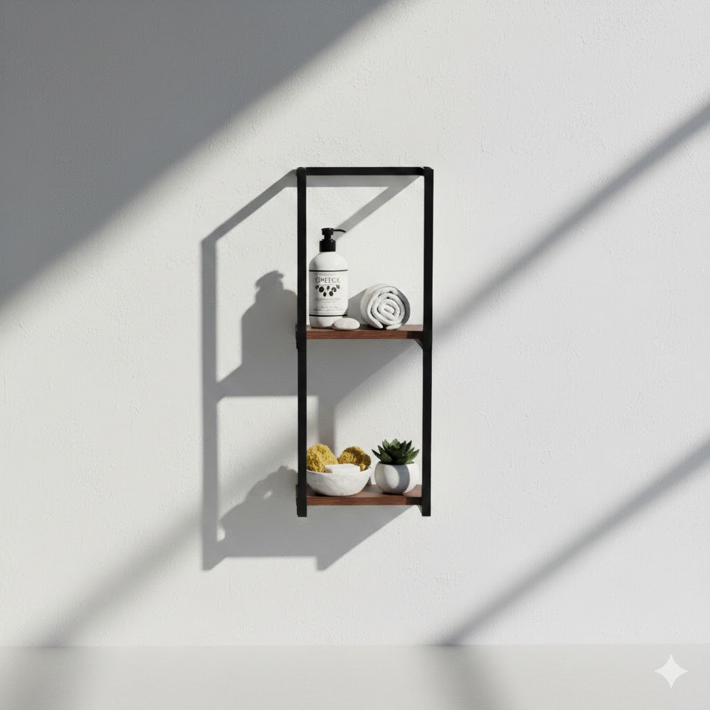 Porte-serviettes mural avec étagères en acier et bois | Rangement salle de bain moderne