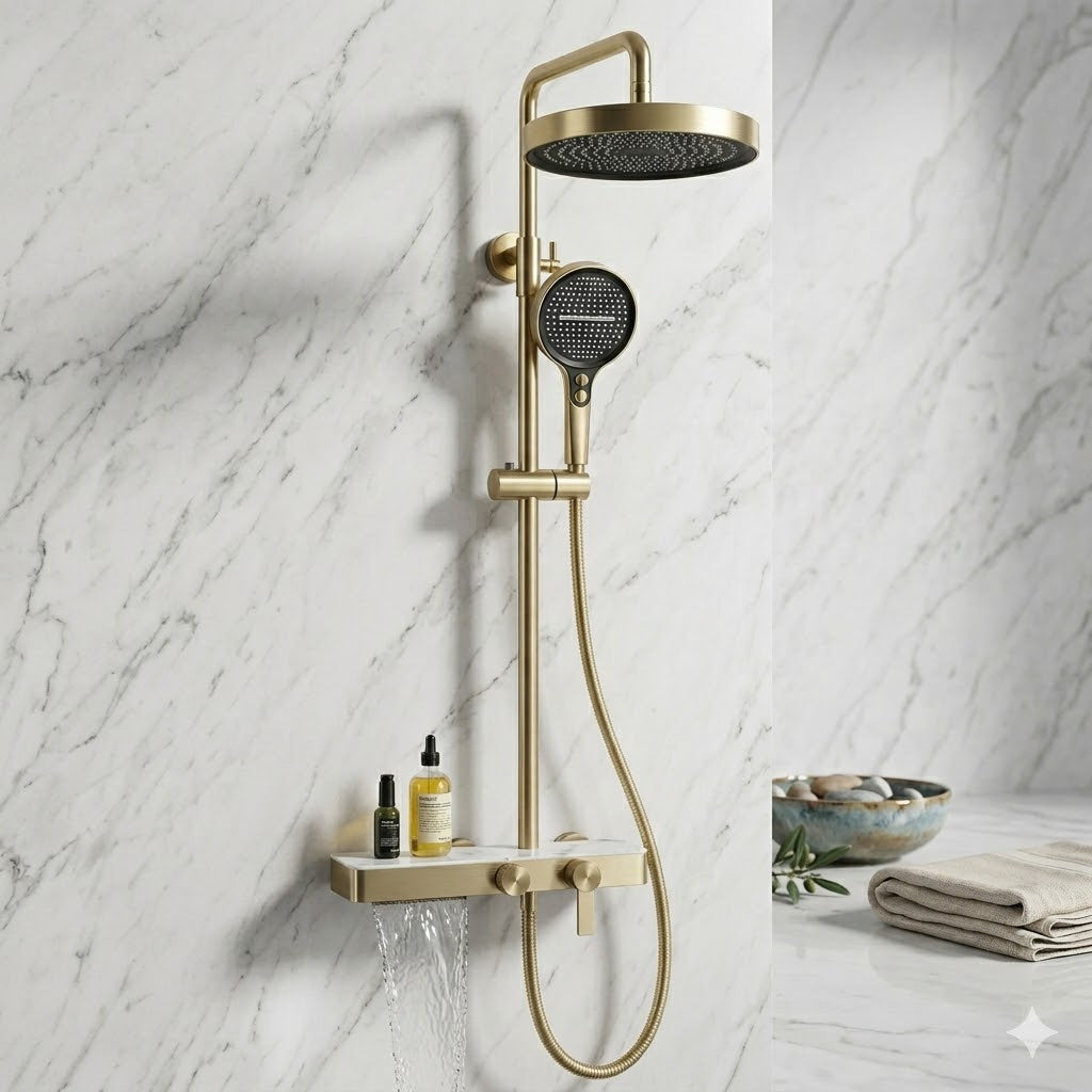 Colonne De Douche Thermostatique Dorée Avec Tablette