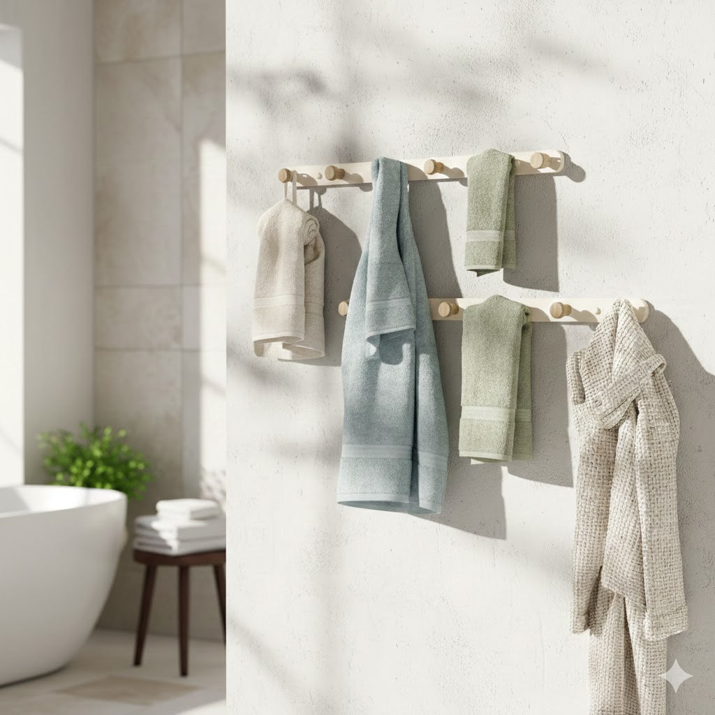 Porte-serviettes mural en acier et bois | Rail à crochets pour salle de bain