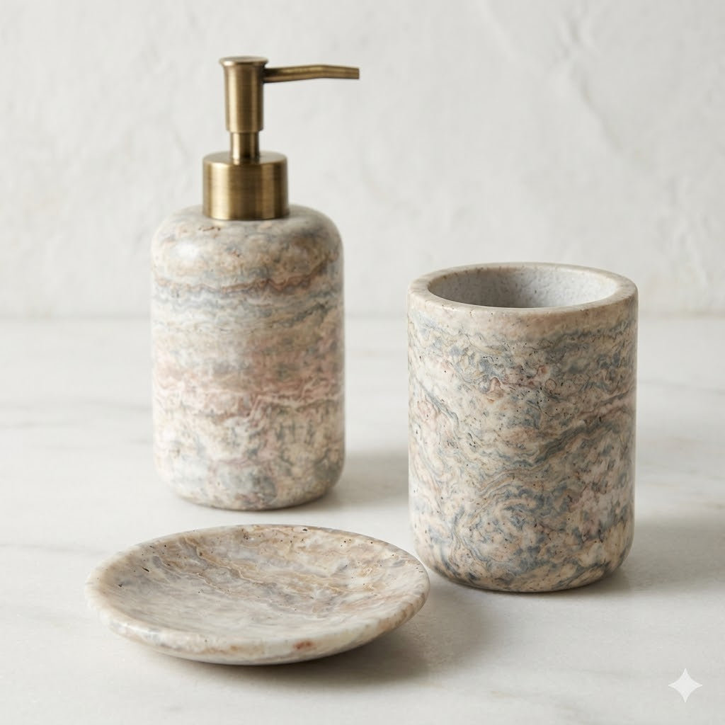 Distributeur de Savon Marbre Gris avec Accessoires