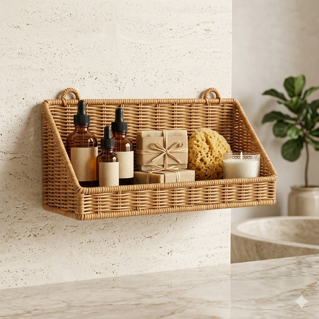 Panier Mural Salle de Bain Rotin avec Crochets