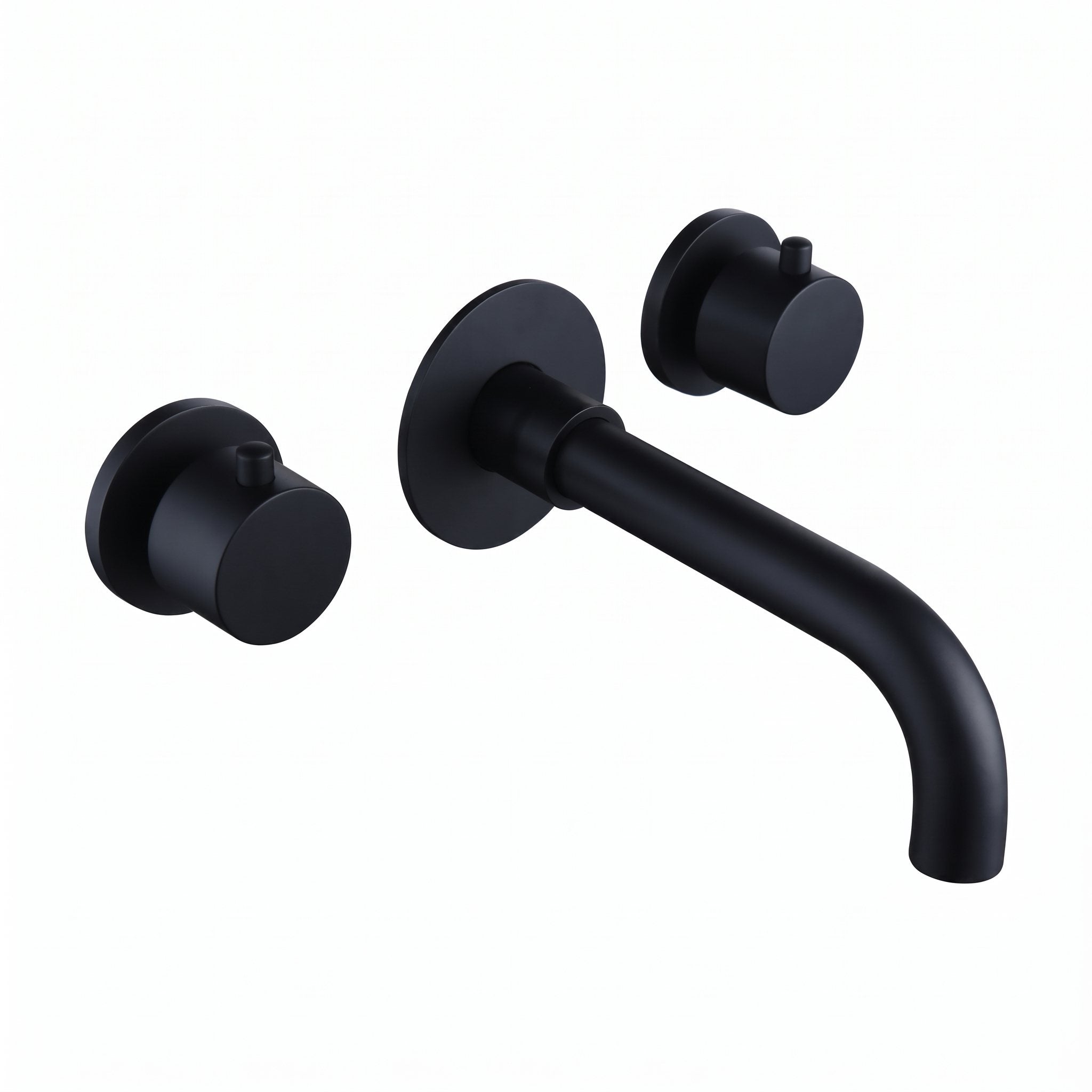 Robinet mural Vela noir mat : bec 210 mm et deux molettes sur fond blanc