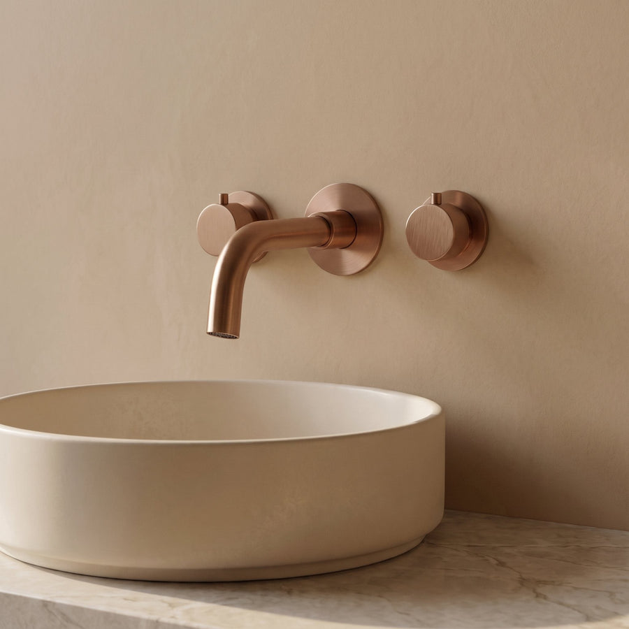 Robinet Mural Vela Or Rose Brossé Laiton — Mélangeur Encastrable Bec 210 mm