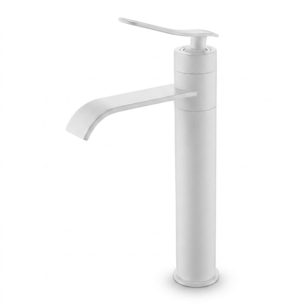 Robinet lavabo cascade Vetra blanc mat modèle haut 290 mm sur fond blanc