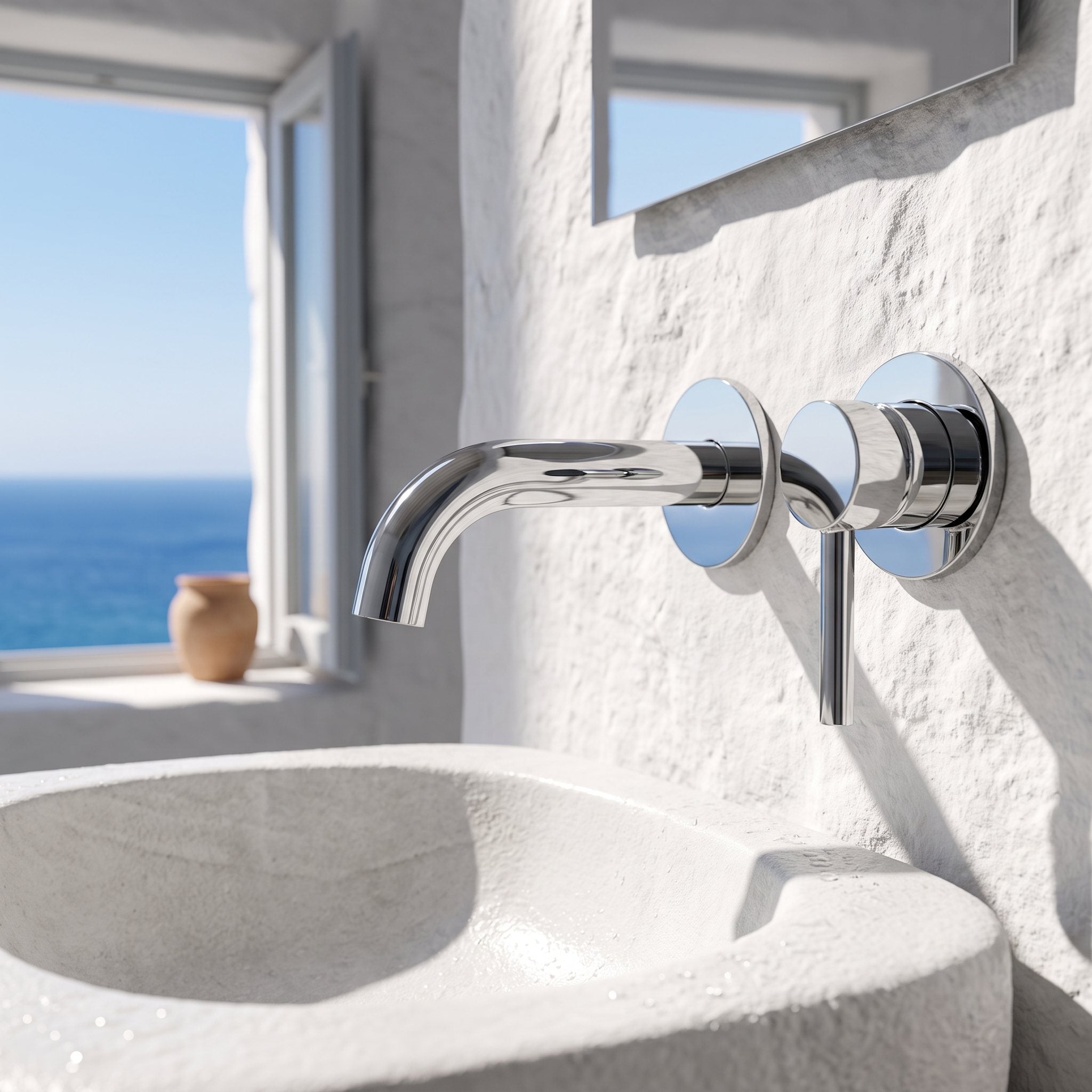 Robinet mural Vira chrome poli dans une salle de bain lumineuse face à la mer