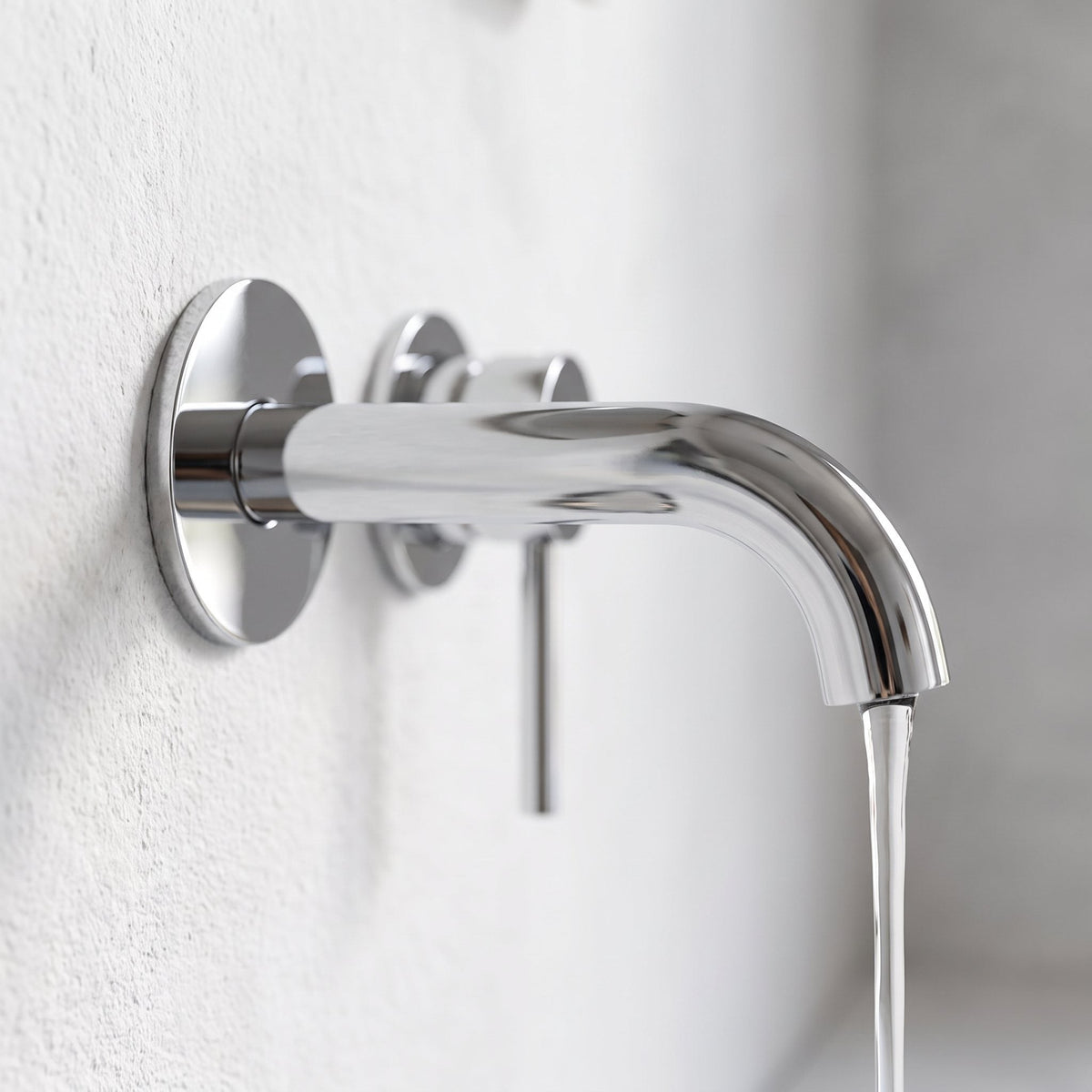 Bec du robinet mural Vira chrome poli en écoulement, gros plan