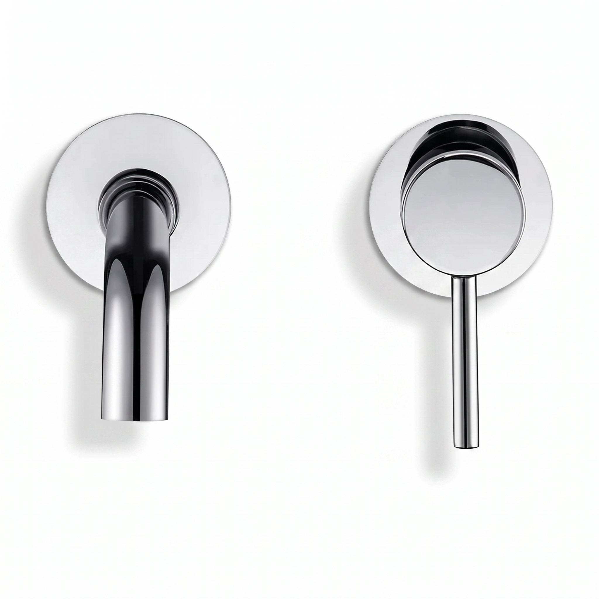 Robinet mural Vira chrome poli : bec et platine de commande sur fond blanc