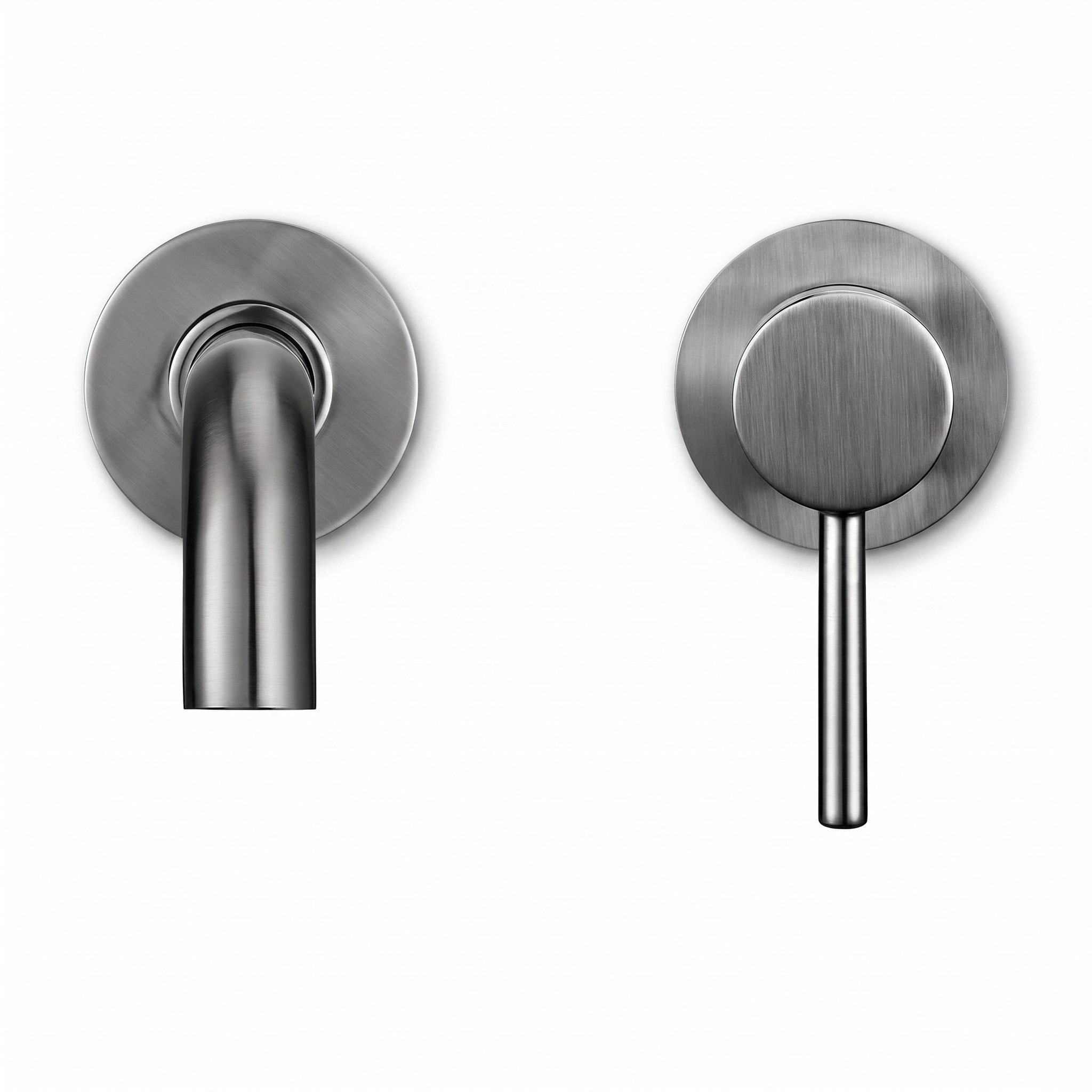Robinet mural Vira inox brossé : bec et platine de commande sur fond blanc