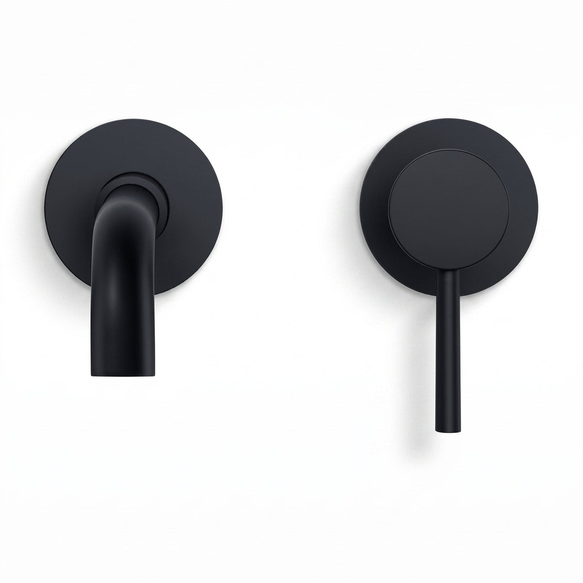 Robinet mural Vira noir mat : bec et platine de commande sur fond blanc
